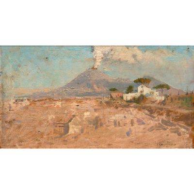 l'image d'un tableau représentant un paysage avec une montagne en arrière-plan