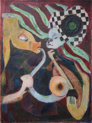 a painting of a woman playing a trumpet with a man in the background