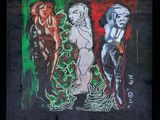 a painting on the wall of a building that has a picture of a woman and two men