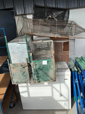 une cage à oiseaux posée sur un réfrigérateur dans une pièce