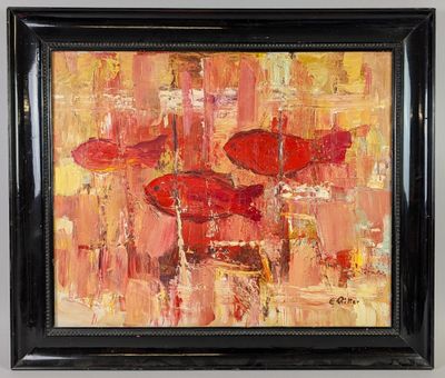 an oil painting of two red fish in a black frame