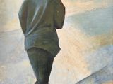 tableau représentant un homme marchant sur la plage avec un parapluie