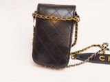 chanel black quilted leather phone case with gold chain strap