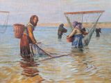 a painting of a woman standing in the water with a net