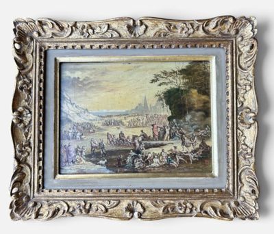 une vieille photo représentant un tableau où l'on voit des personnes sur un bateau