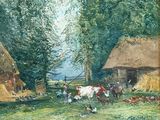 a painting of a farm scene with cows and chickens