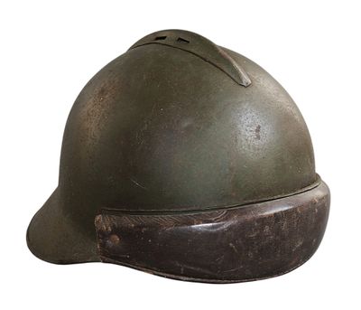 an old helmet with a leather band on a white background