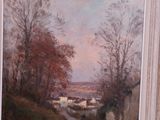 painting of a landscape with a river and houses in the distance