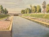 un tableau représentant un canal sur lequel navigue un bateau