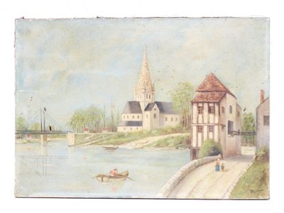 École du XXe siècle. Vue d'un village, avec rivière, pont et…