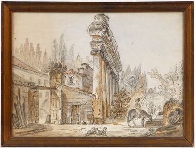 an image of a painting of ruins and people in a courtyard