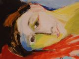 a painting of a woman laying down with her head on a pillow