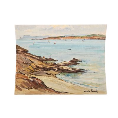 un tableau représentant une scène de plage avec des bateaux dans l'eau