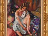 an oil painting of a woman in a white dress sitting on a couch