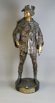statue en bronze représentant un homme coiffé d'un chapeau et vêtu d'un manteau, posée sur un socle