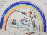 drawing of a man holding a paintbrush and a palette in front of a rainbow