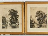 two drawings of trees and a river in a wooden frame