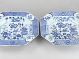 pair of blue and white plates with flowers and birds on them