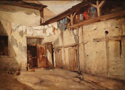 painting of an old building with clothes hanging out to dry