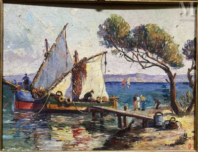 une peinture représentant un bateau sur l'eau avec des personnes à bord