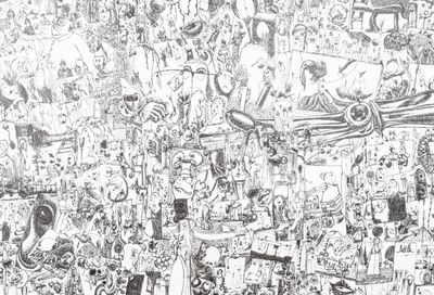 a black and white drawing of a bunch of people in a room