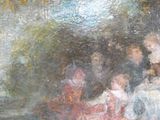 une peinture représentant un groupe de personnes assises sur un banc