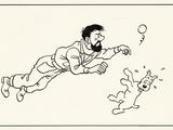 cartoon drawing of a man catching a ball with a dog nearby