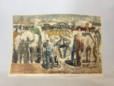 tableau représentant un homme menant un groupe de chevaux sur un chemin de terre