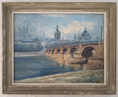 une peinture à l'huile représentant un pont sur une rivière avec un bâtiment à l'arrière-plan