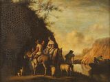 tableau représentant un groupe de personnes à cheval au bord d'une rivière