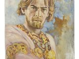 une peinture à l'huile représentant un homme barbu portant un collier en or