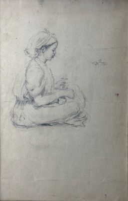 an old drawing of a woman sitting on the ground with her legs crossed