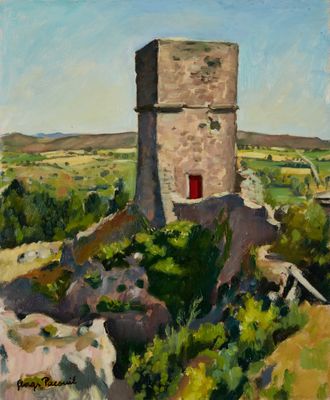 une peinture à l'huile représentant une tour en pierre sur une colline, avec une porte rouge