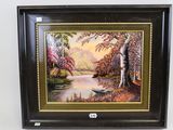 painting of a river scene with a boat in the foreground and trees in the background