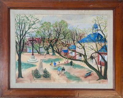 tableau encadré représentant une scène de parc avec des personnages et des arbres