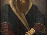 an old painting of a man with a beard holding a knife