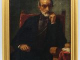 an old painting of a man sitting in a chair with his hand on his chin