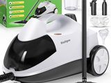 an image of a white and black vacuum cleaner next to a box of cleaning supplies