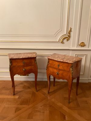pair of antique french bedside tables with marble tops