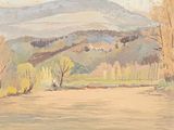 painting of a landscape with trees and mountains in the distance