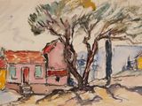 an image of a watercolor painting of a house and a tree