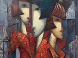 un tableau représentant deux femmes portant des chapeaux et un manteau rouge