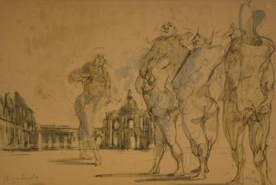 dessin d'un groupe de personnes devant un bâtiment