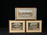 trois reproductions encadrées représentant une vue de la ville et d'un parc