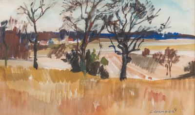 an image of a painting of a field with trees and a dirt road