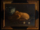 a picture of a painting of a chicken on a plate