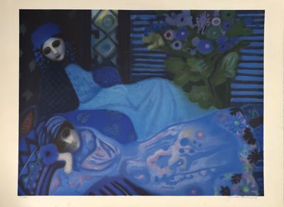 un tableau représentant une femme allongée dans son lit avec un chat