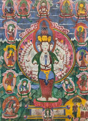 une image représentant un tableau où l'on voit un Bouddha entouré de nombreux autres bouddhas