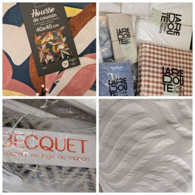 quatre photos d'un collage de courtepointes sur lesquelles figurent des étiquettes