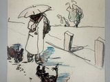dessin représentant une femme avec un parapluie et un chien sur un trottoir